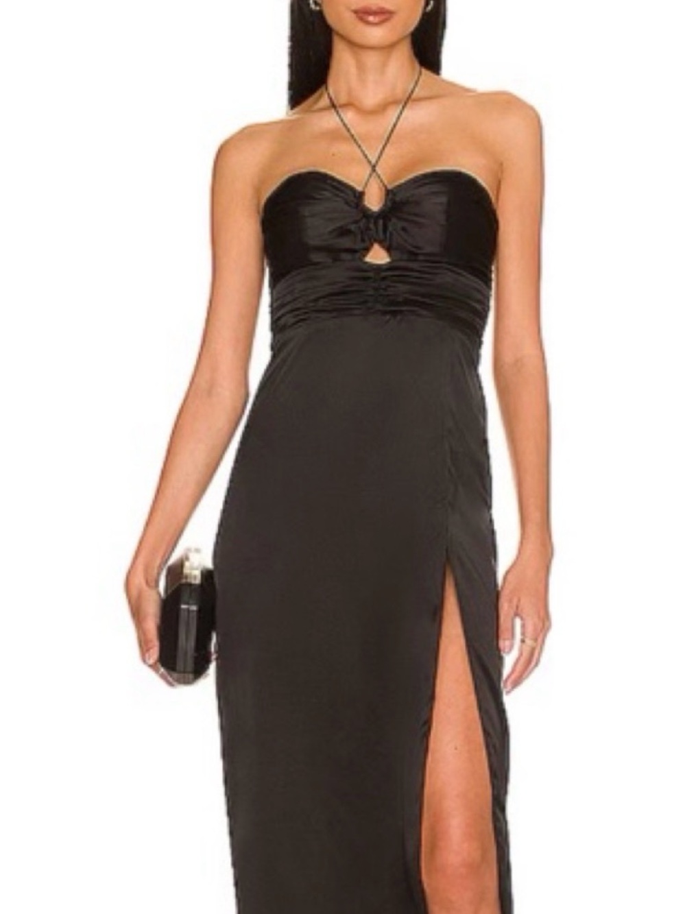 Amanda Uprichard Black Strapless Gown with Front Keyhole and High Slit